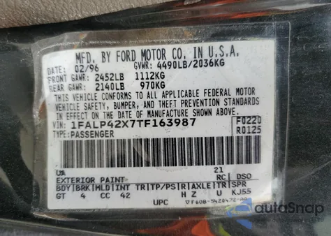 1996 Ford Mustang Gt из США, поврежденный, VIN 1FALP42X7TF163987